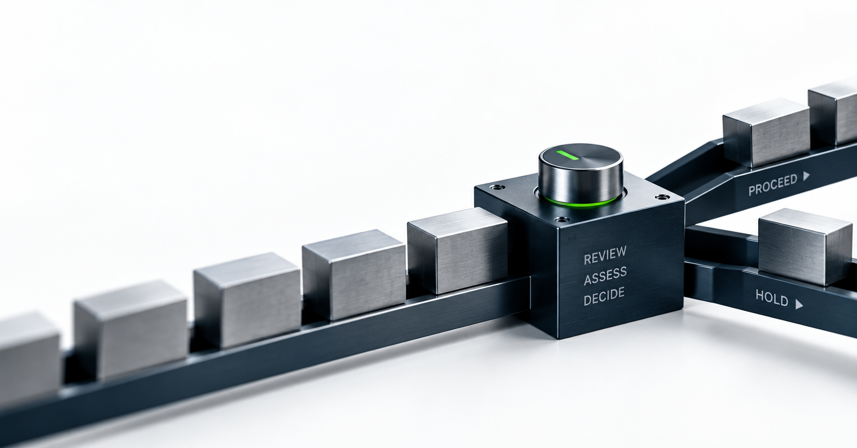 Precision-engineered decision mechanism showing third-party data moving through review, assessment and decision to proceed or hold.
